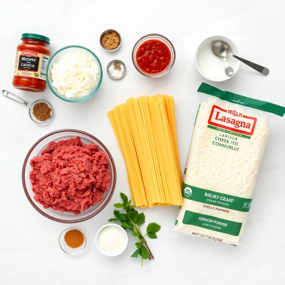 Raw ingredients for Million Dollar Lasagna including ground beef, lasagna noodles, and ricotta cheese