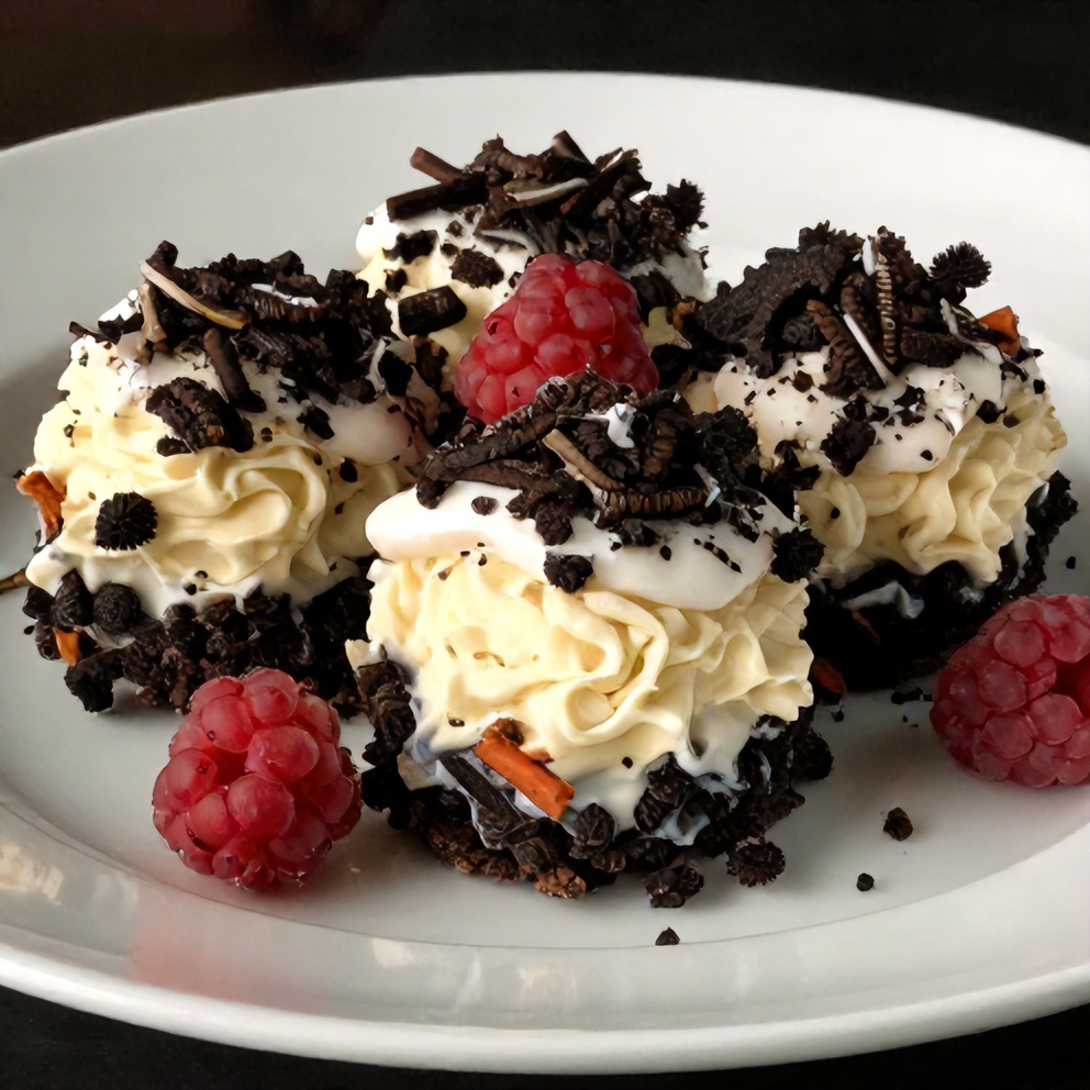 Plated No Bake Oreo Cheesecake Sushi with a garnish of fresh berries
