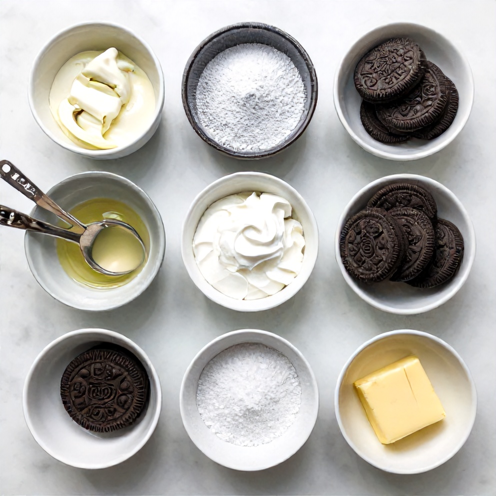Raw ingredients for No Bake Oreo Cheesecake Sushi on a white marble surface