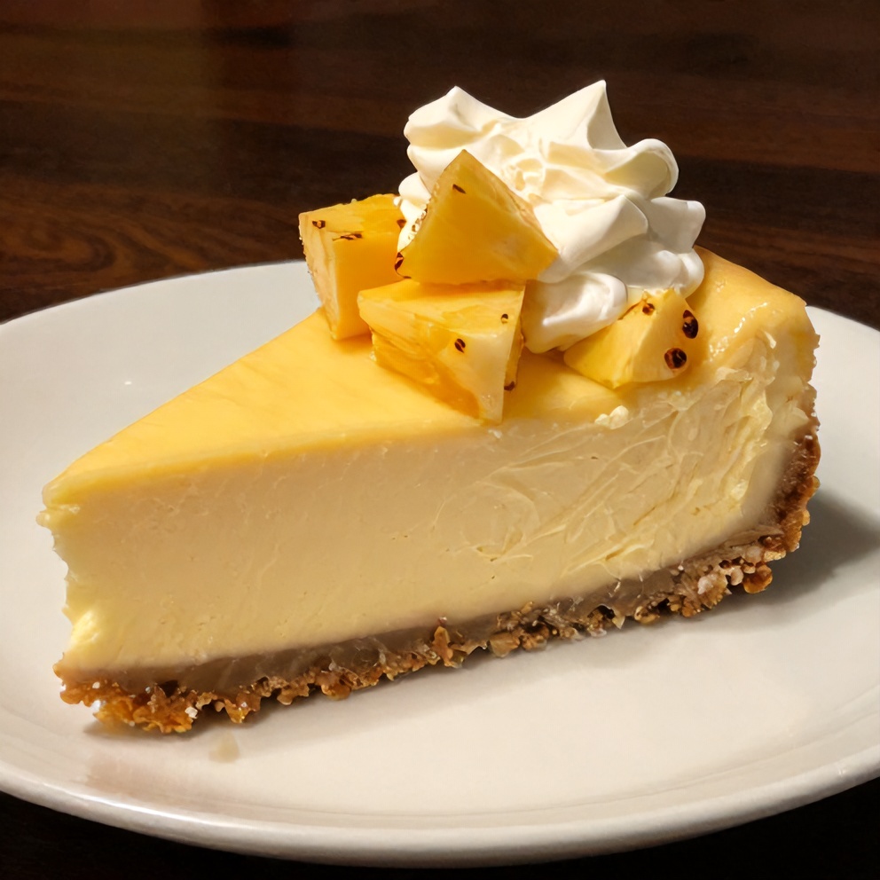 Sliced No-Bake Pineapple Heaven Cheesecake on a white plate