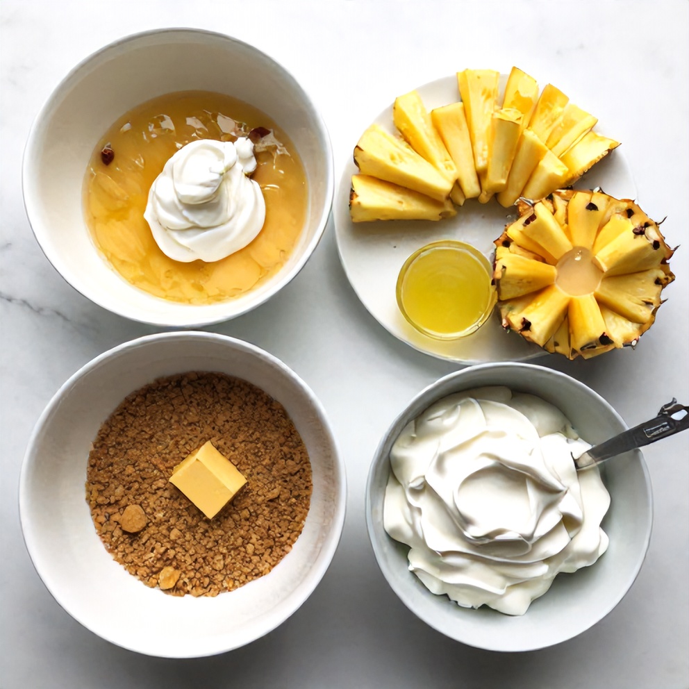 Raw ingredients for No-Bake Pineapple Heaven Cheesecake on a white marble surface