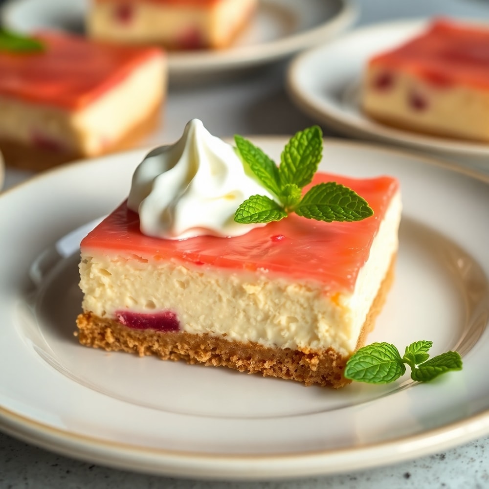 Plated No Bake Rhubarb Cheesecake Squares