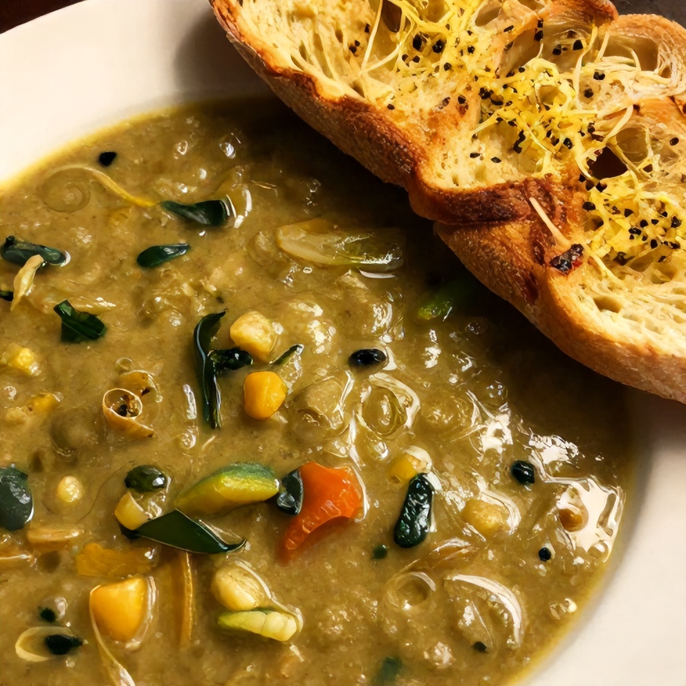 Bowl of Olive Garden Vegetable Soup with a side of garlic bread