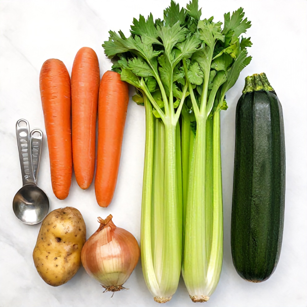 Ingredients for Olive Garden Vegetable Soup on a wooden surface