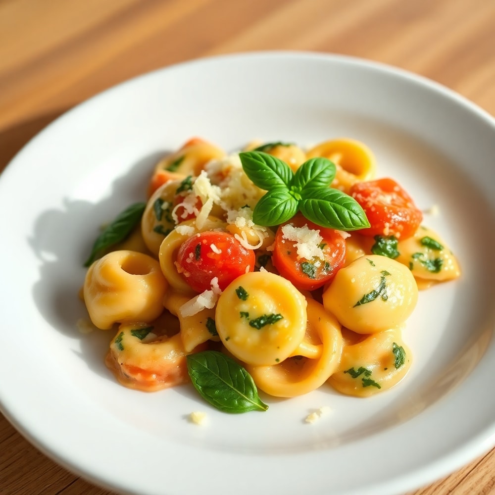 One Pot Creamy Spinach Tomato Tortellini plated