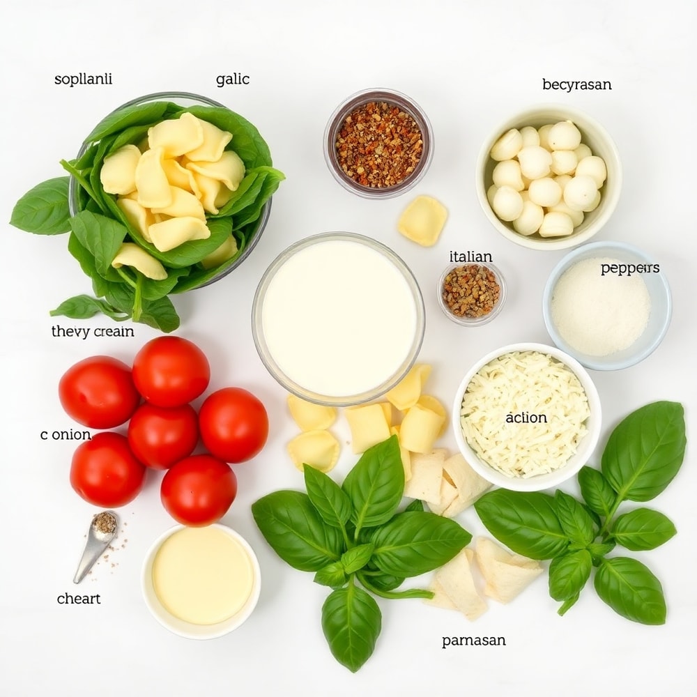 Raw ingredients for One Pot Creamy Spinach Tomato Tortellini