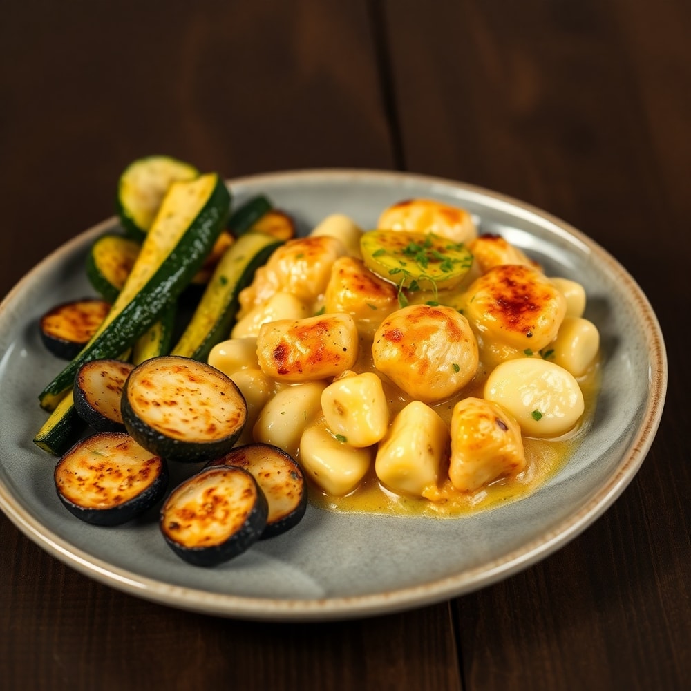 One Pot Gnocchi Chicken Pot Pie plated with a side of garlic parmesan roasted zucchini