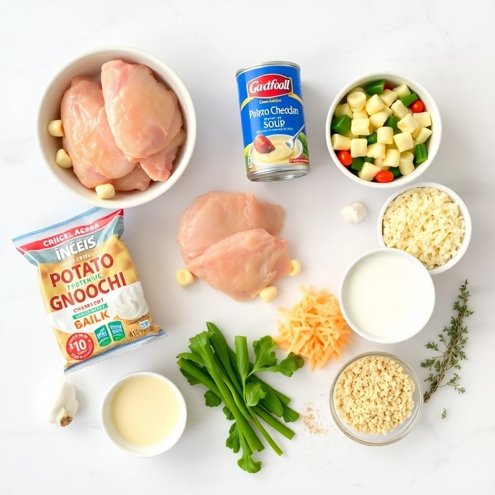 Raw ingredients for One Pot Gnocchi Chicken Pot Pie including chicken, gnocchi, and mixed vegetables