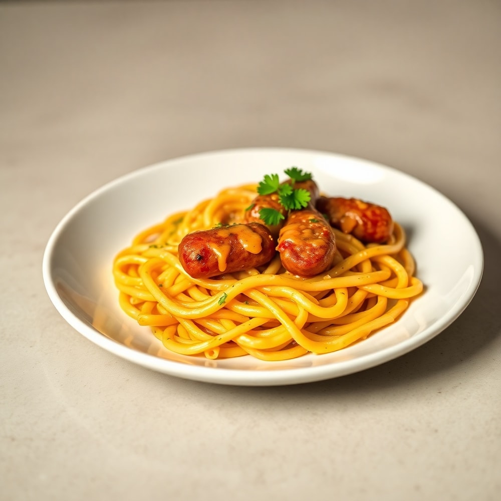 One perfect plated serving of One-Pot Honey BBQ Sausage Pasta on a white plate, garnished with fresh parsley, with warm side lighting showing the creamy sauce and crispy sausage.