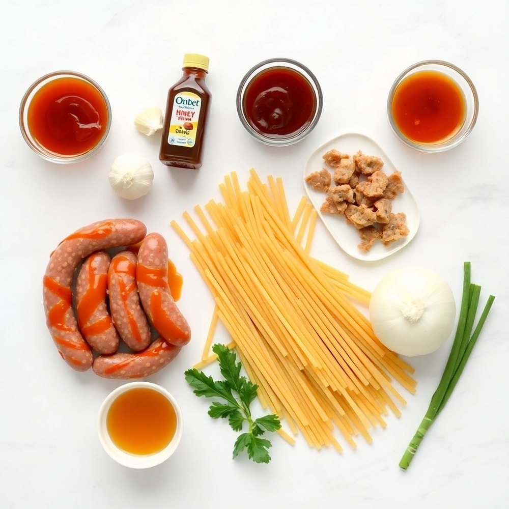 Overhead flat lay of raw ingredients for One-Pot Honey BBQ Sausage Pasta, including sausage, pasta, honey, BBQ sauce, garlic, and onions, arranged on a white marble surface with bright even light.