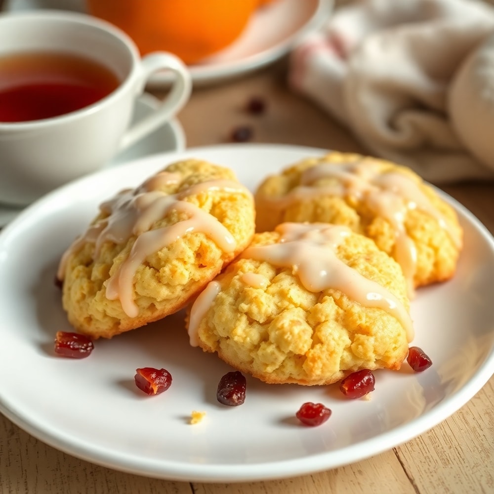 Orange scone cookies on a plate with a cup of tea