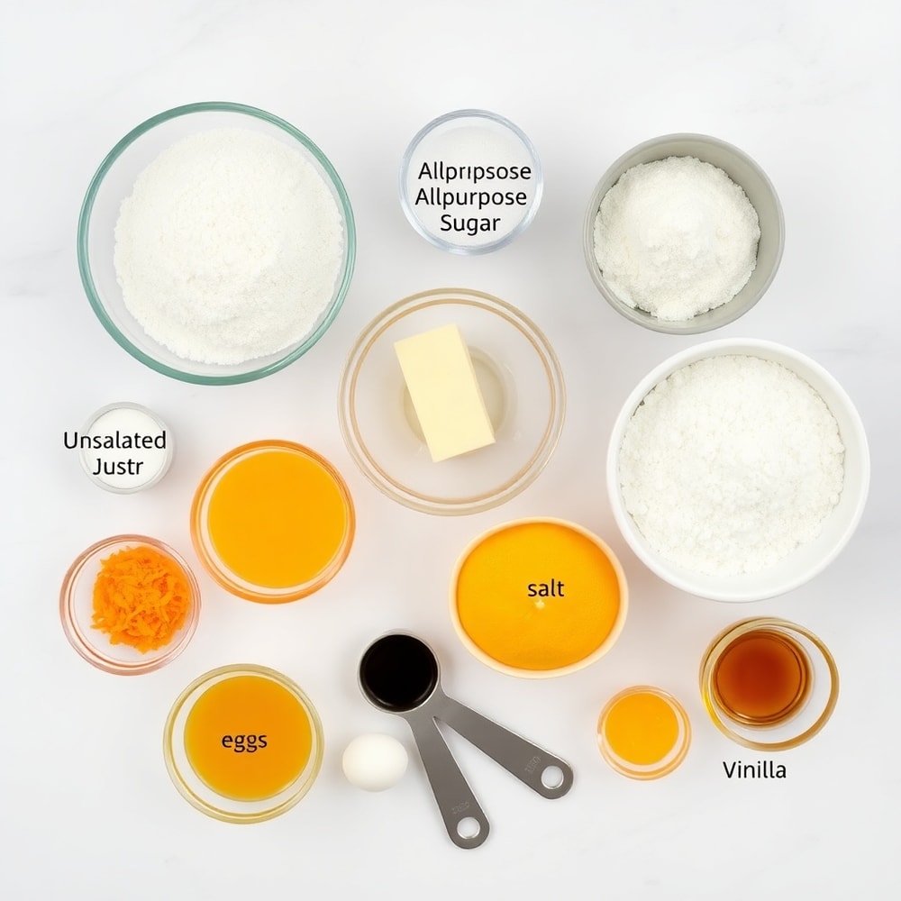 Ingredients for orange scone cookies on a white marble surface