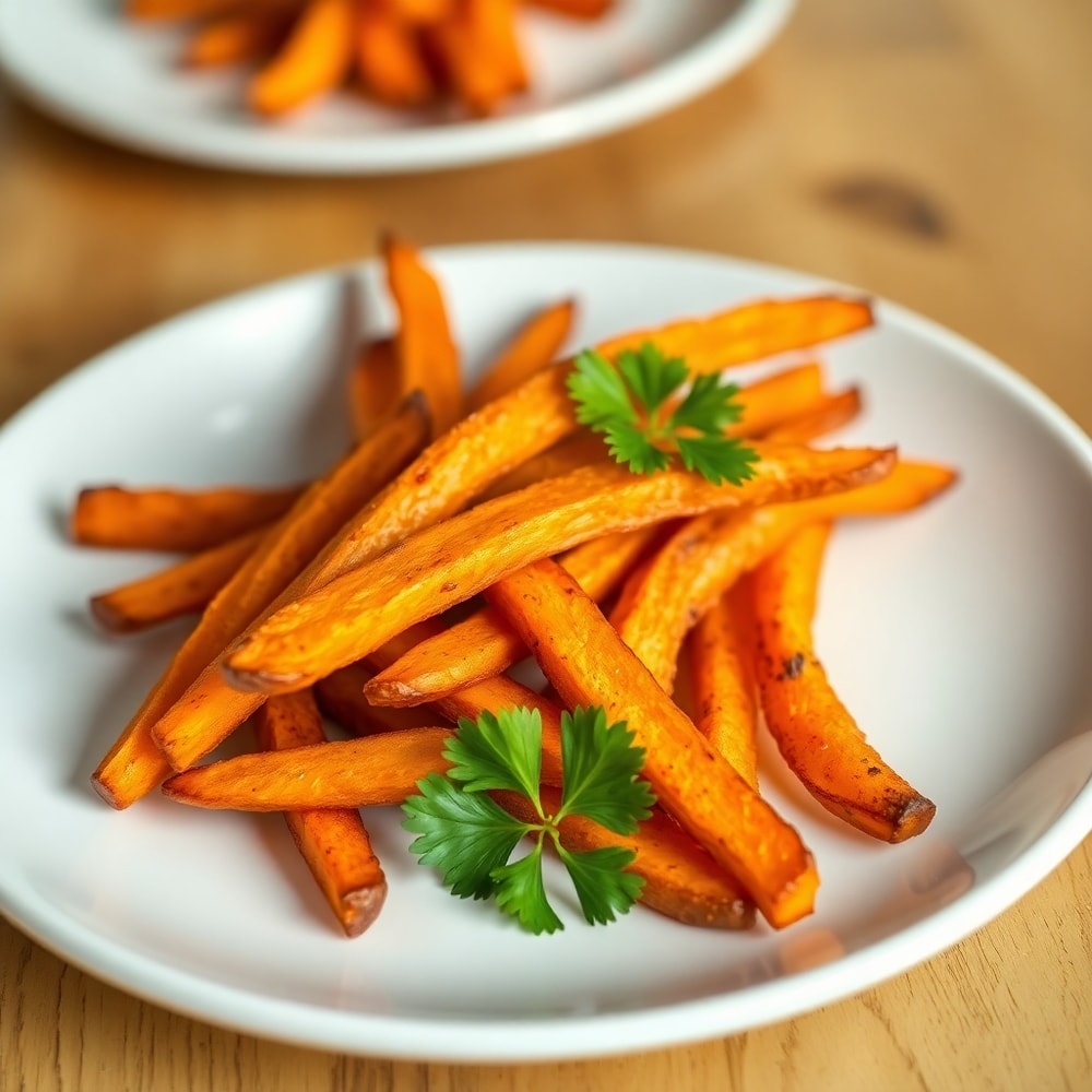 Plated serving of crispy oven baked sweet potato fries on a white plate