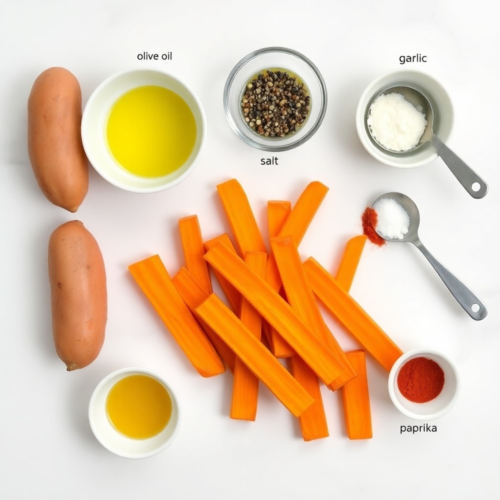 Raw ingredients for oven baked sweet potato fries on a white marble surface