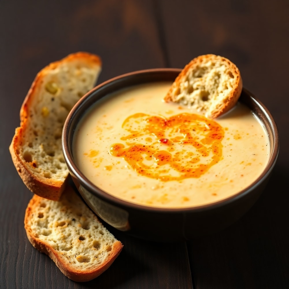 Bowl of creamy Paleo Pizza Soup with a side of garlic bread