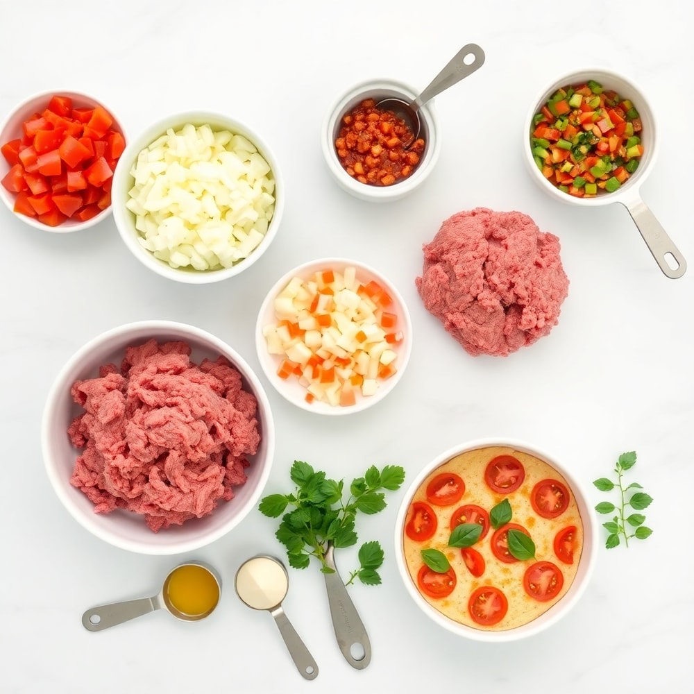 Raw ingredients for Paleo Pizza Soup including ground beef, diced tomatoes, and pizza toppings