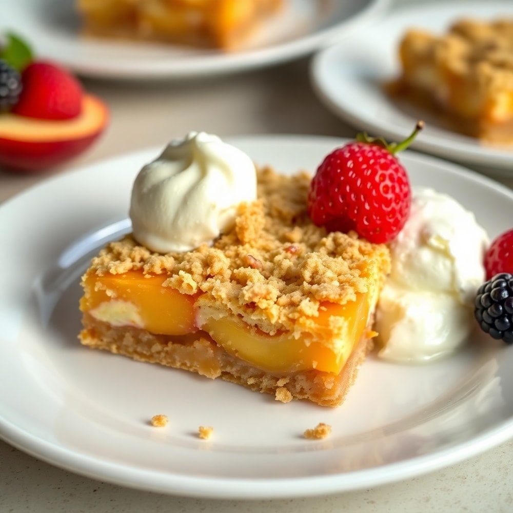 Perfectly baked Peaches and Cream Crumble Bars on a white plate with a scoop of vanilla ice cream
