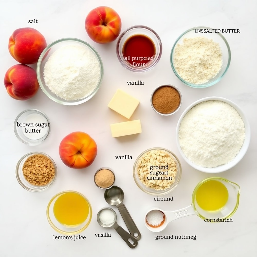 Raw ingredients for Peaches and Cream Crumble Bars including fresh peaches, butter, and flour