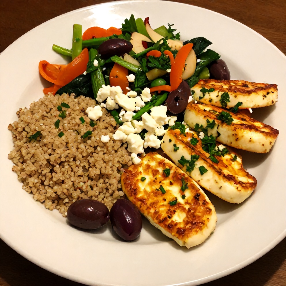 Plated crispy halloumi Greek power bowl with fresh herbs
