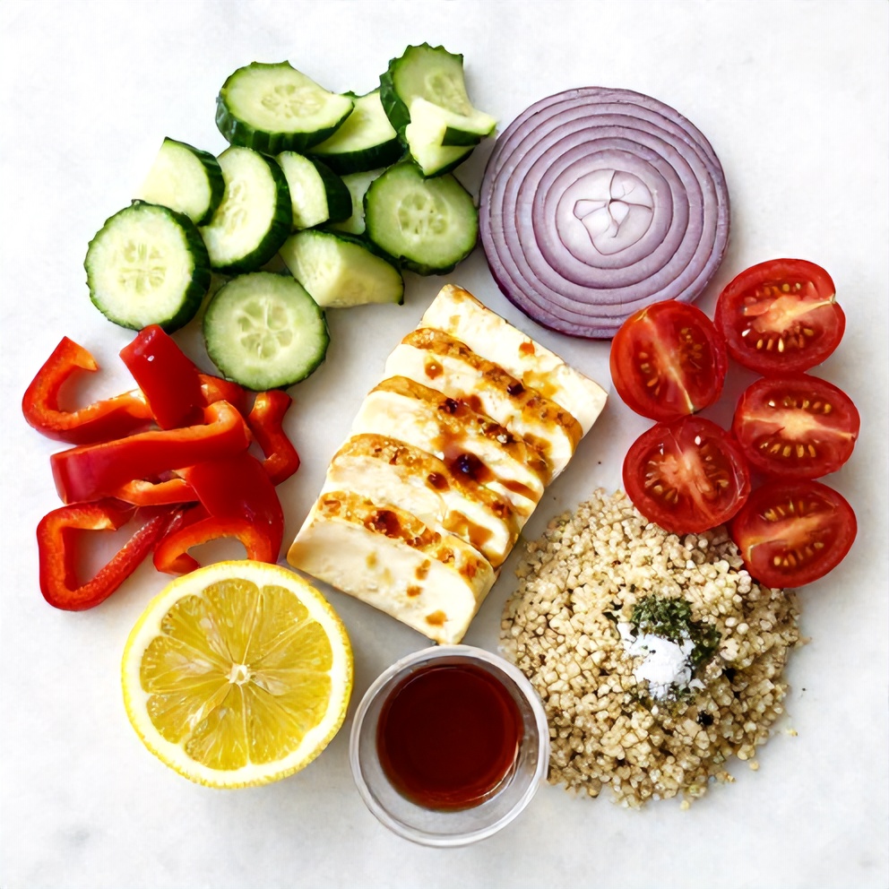 Raw ingredients for quick crispy halloumi Greek power bowl