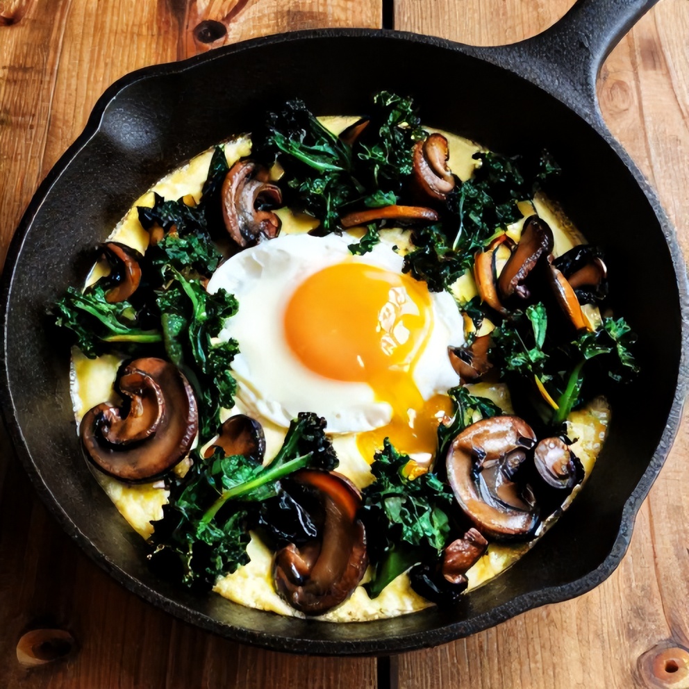 Mushroom and Kale Breakfast Skillet plated with a poached egg
