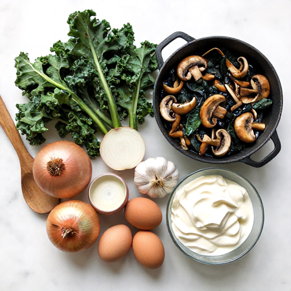 Raw ingredients for Mushroom and Kale Breakfast Skillet