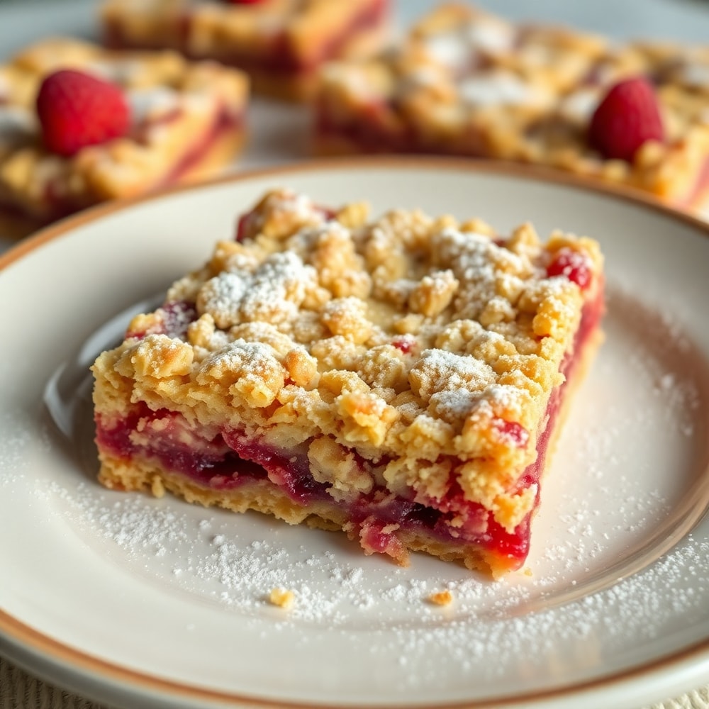 Raspberry Oatmeal Crumble Bars on a dessert plate with a fork