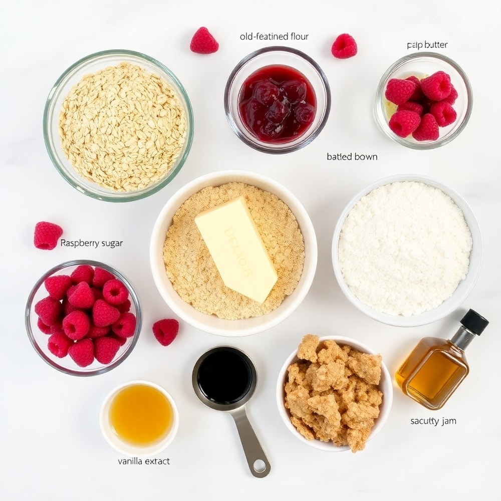 Raspberry Oatmeal Crumble Bars ingredients on a marble counter