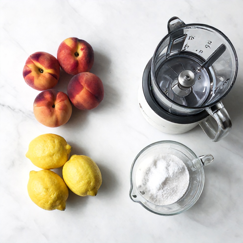Raw ingredients for Peach Lemonade flat lay