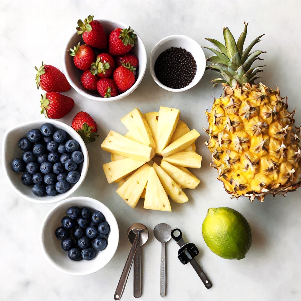 Raw ingredients for refreshing summer fruit salad