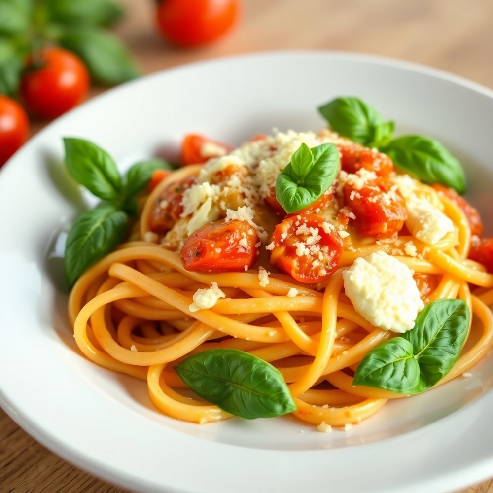 Plated serving of Roasted Tomato and Garlic Ricotta Pasta