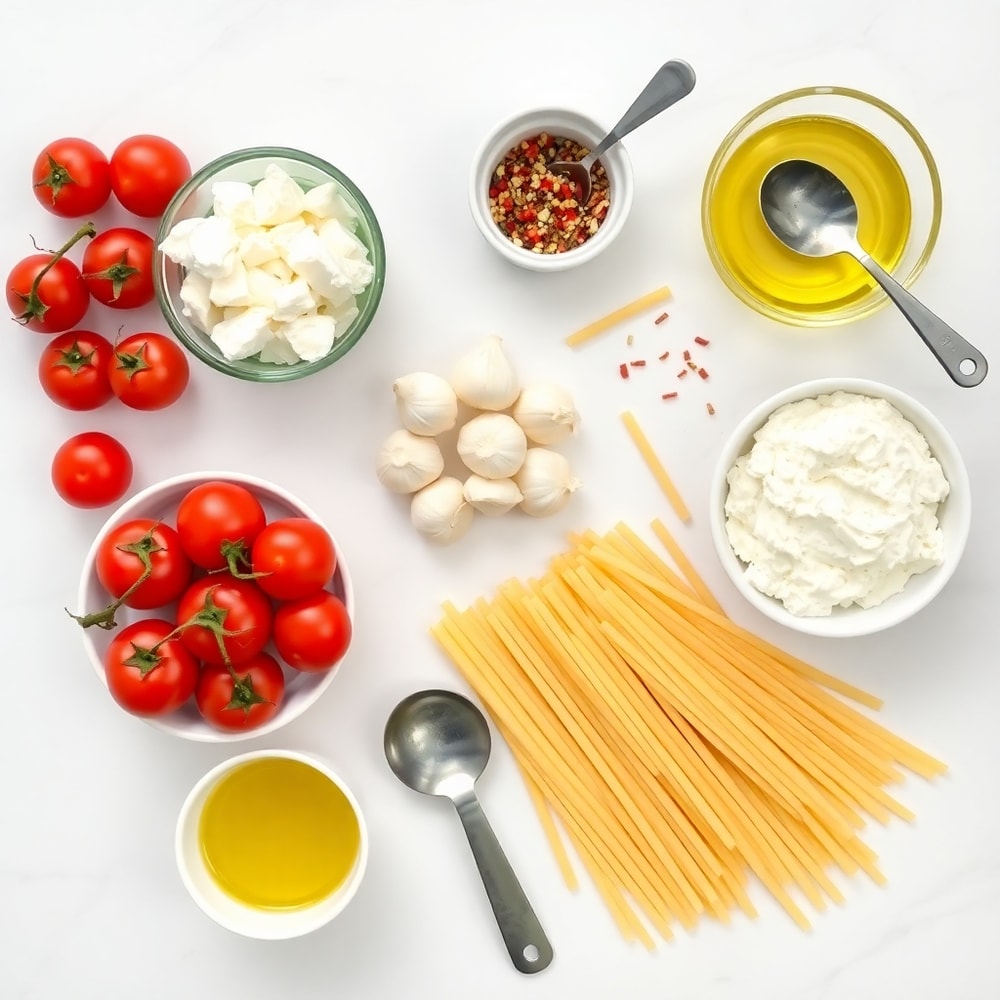 Flat lay of ingredients for Roasted Tomato and Garlic Ricotta Pasta