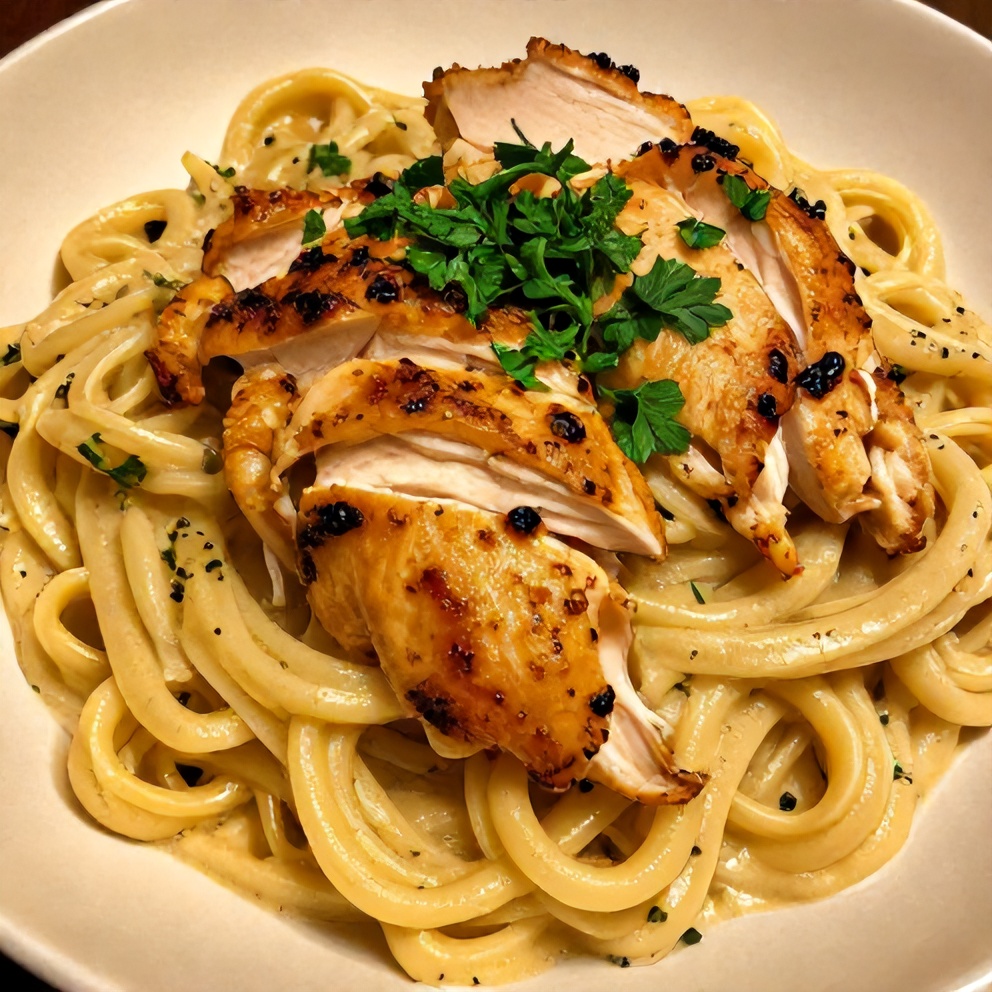 Plated Romano Chicken with Lemon Garlic Pasta