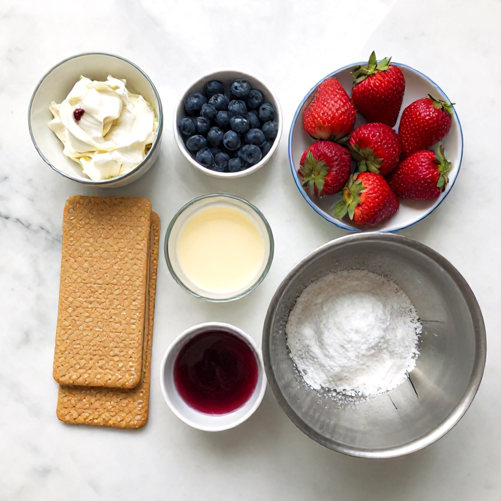 Raw ingredients for Strawberry Blueberry Dessert Lasagna including cream cheese, graham crackers, and fresh berries