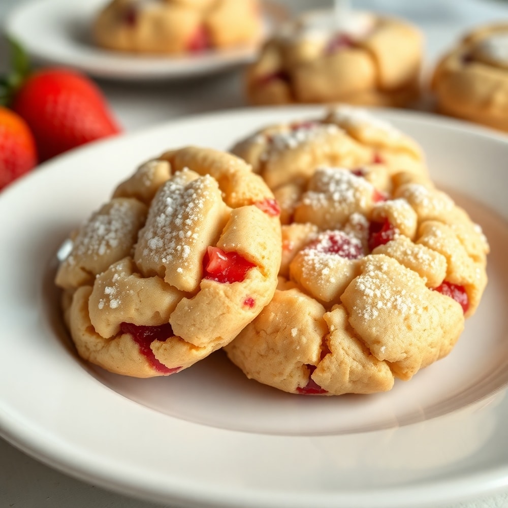 Strawberry Crunch Cookies on a plate with a glass of milk