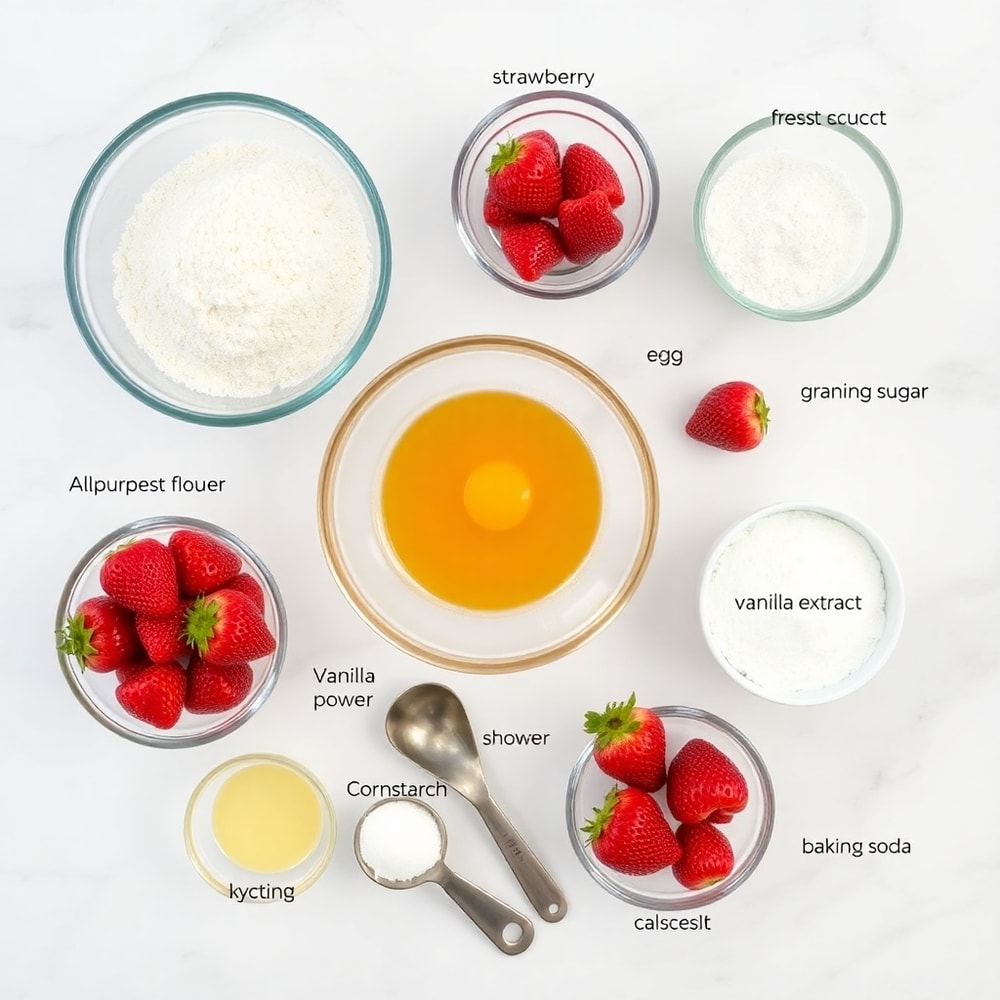 Ingredients for Strawberry Crunch Cookies on a white marble counter