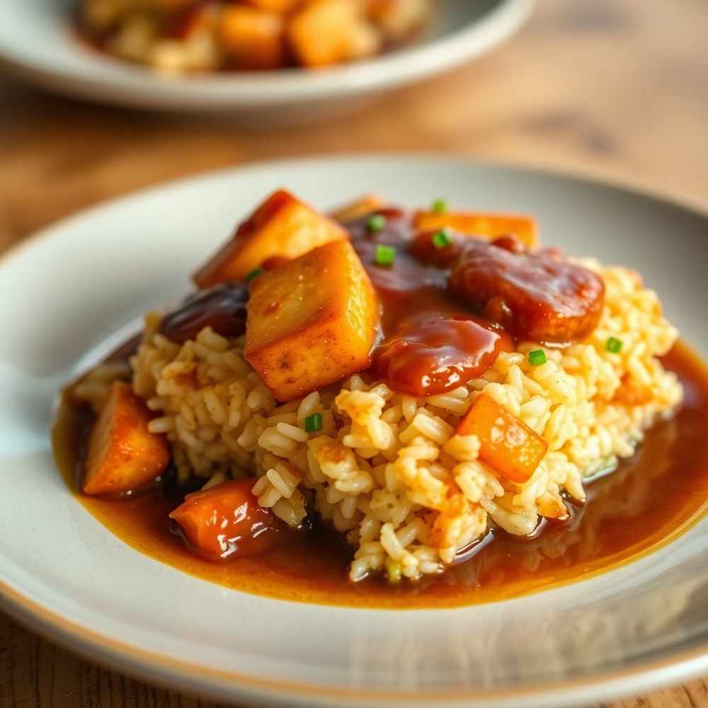 Teriyaki Tofu Rice Casserole on a plate