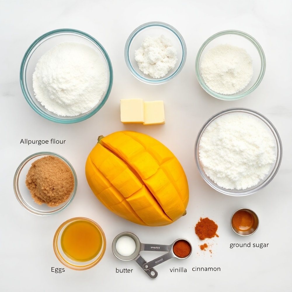 Raw ingredients for tropical mango cookies on a white marble surface