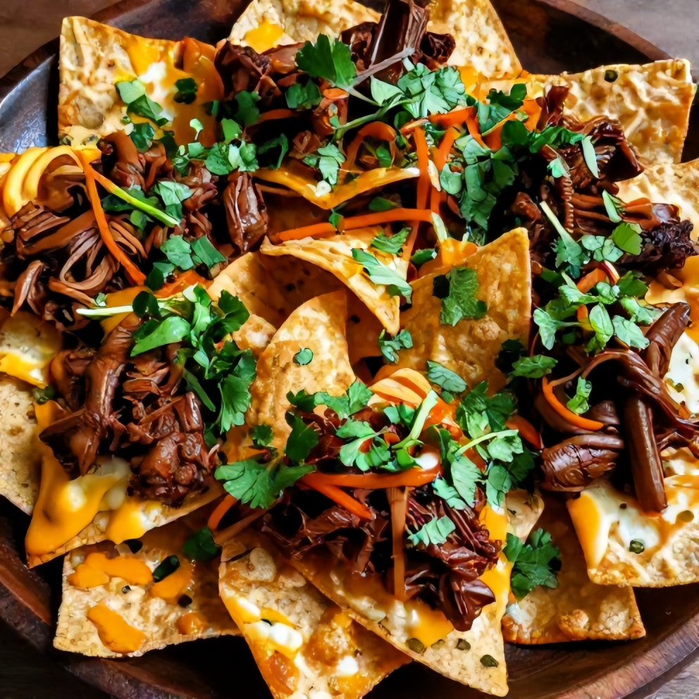 One serving of Ultimate Pulled Pork Nachos on a plate