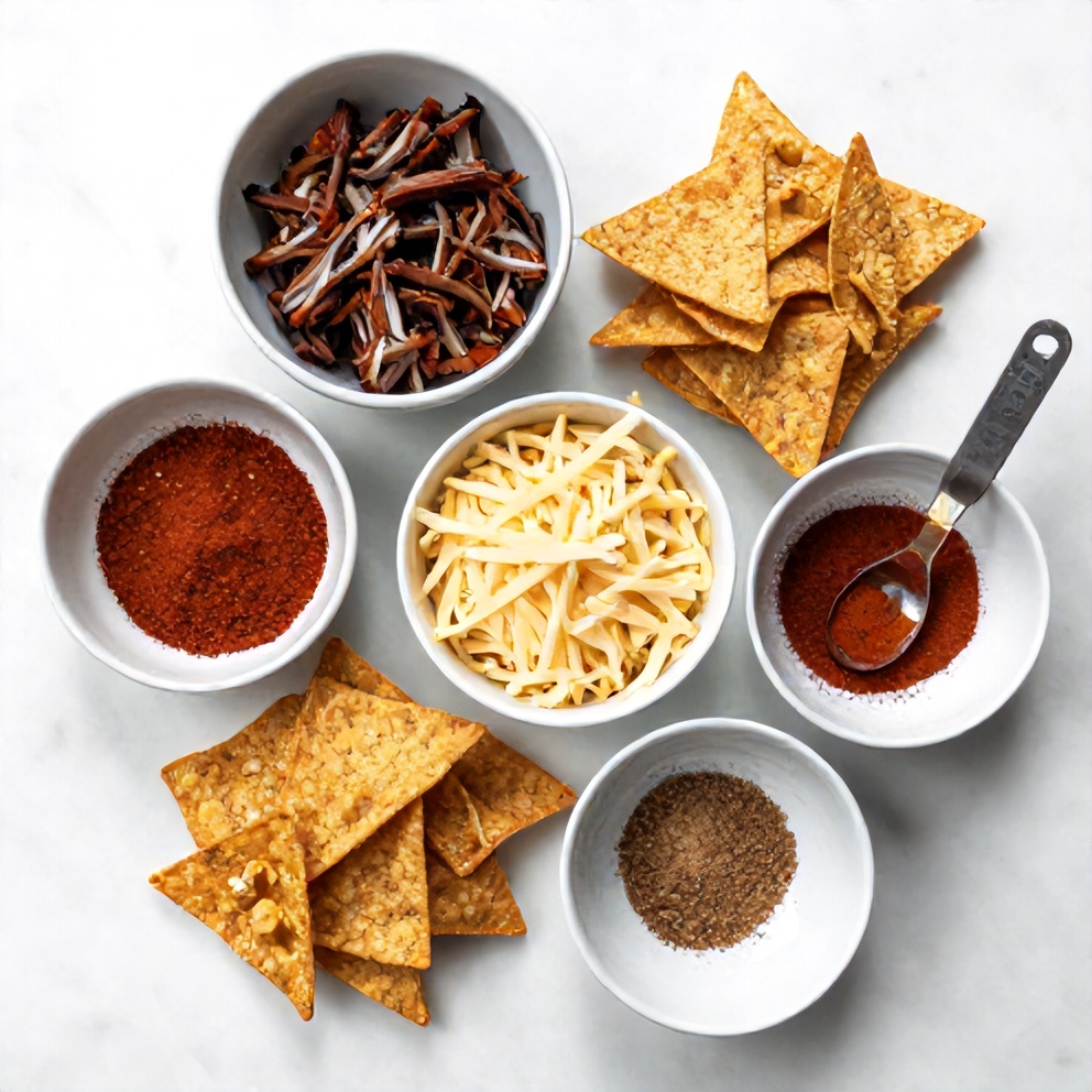 Raw ingredients for Ultimate Pulled Pork Nachos on a marble surface