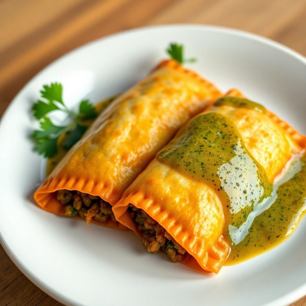 Plated vegan lentil empanadas with chimichurri sauce